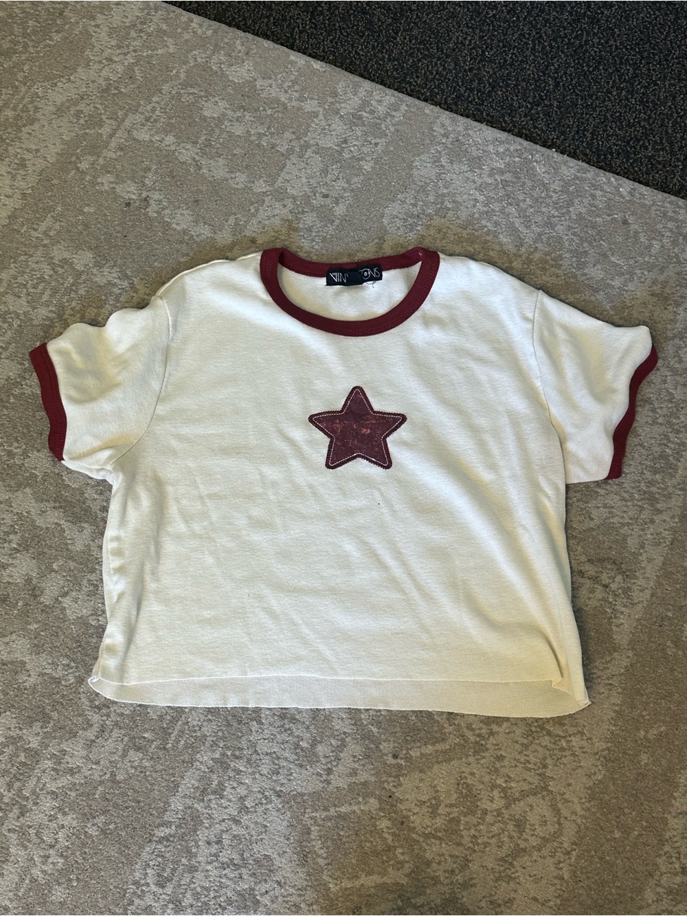 St. John's Bay Cream Tee with Burgundy Ringer and Star Patch #Y2k